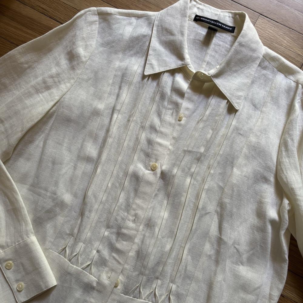 VTG Company Ellen Tracy 100% Linen Ivory Pintuck Button Up Top Blouse Women 12